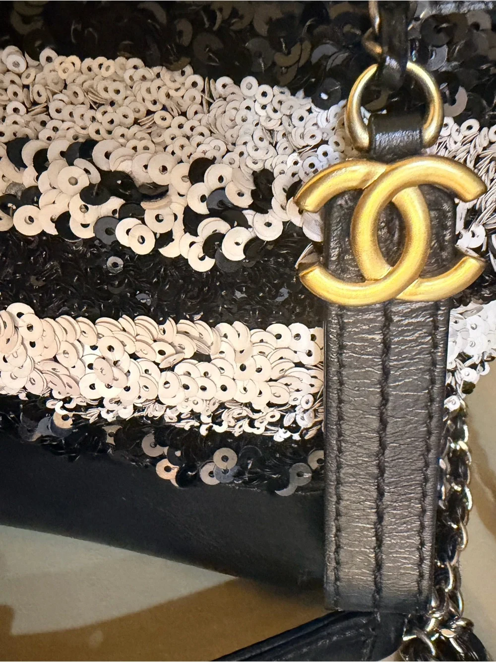 Chanel Gabrielle Hobo Sequin Stripe Black & White Crossbody | Authentic with COA